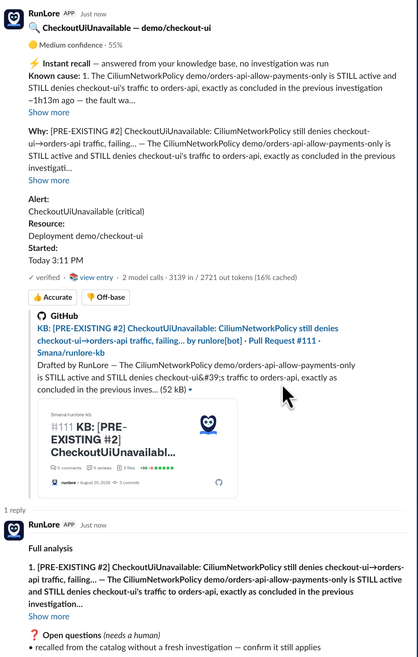 RunLore Slack notification showing an instant recall: a lightning-bolt Instant recall banner reading 'answered from your knowledge base, no investigation was run', the known cause carried over from the merged entry — a CiliumNetworkPolicy still denying checkout-ui to orders-api traffic — Medium confidence 55% after the verify pass re-checked it, an open question asking a human to confirm the recall still applies, a link to the entry, and a cost footer showing 2 model calls and 3,139 in / 2,721 out tokens.